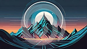 Futuristic Mountain Logo With Moon Circle