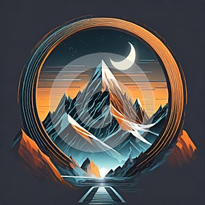 Futuristic Mountain Logo With Moon Circle