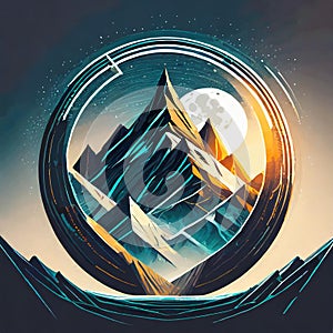 Futuristic Mountain Logo With Moon Circle