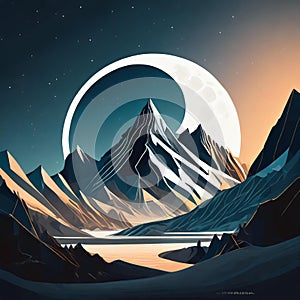 Futuristic Mountain Logo With Moon Circle