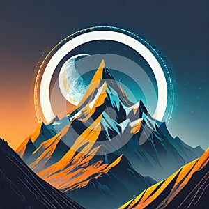 Futuristic Mountain Logo With Moon Circle