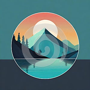 Futuristic Mountain Logo With Moon Circle