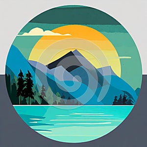 Futuristic Mountain Logo With Moon Circle