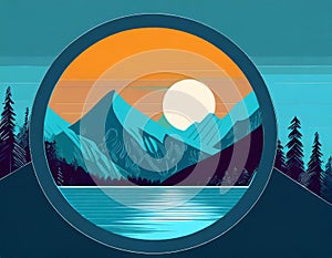 Futuristic Mountain Logo With Moon Circle