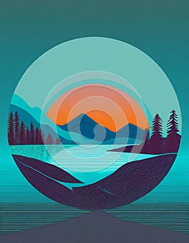 Futuristic Mountain Logo With Moon Circle