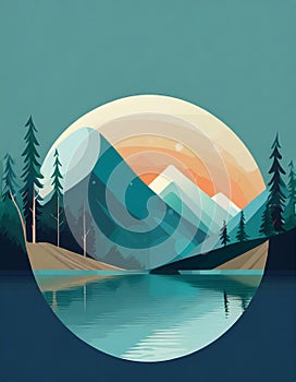 Futuristic Mountain Logo With Moon Circle