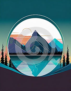 Futuristic Mountain Logo With Moon Circle