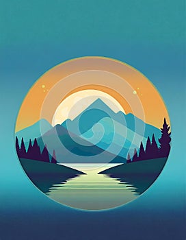 Futuristic Mountain Logo With Moon Circle