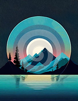 Futuristic Mountain Logo With Moon Circle