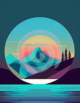 Futuristic Mountain Logo With Moon Circle