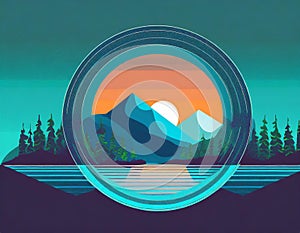 Futuristic Mountain Logo With Moon Circle