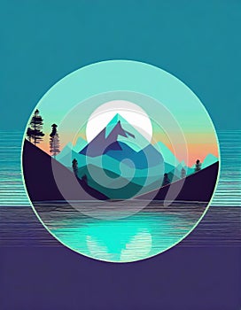 Futuristic Mountain Logo With Moon Circle