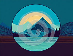 Futuristic Mountain Logo With Moon Circle