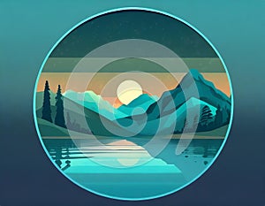 Futuristic Mountain Logo With Moon Circle