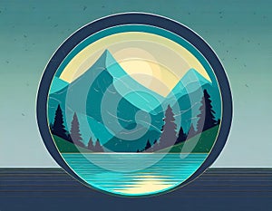 Futuristic Mountain Logo With Moon Circle