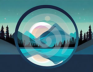 Futuristic Mountain Logo With Moon Circle