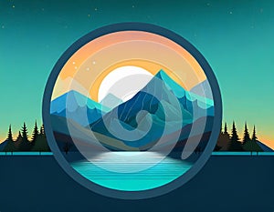 Futuristic Mountain Logo With Moon Circle