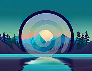 Futuristic Mountain Logo With Moon Circle