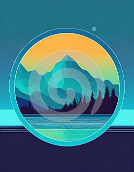 Futuristic Mountain Logo With Moon Circle