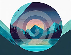 Futuristic Mountain Logo With Moon Circle