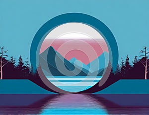 Futuristic Mountain Logo With Moon Circle