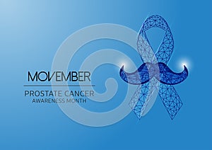 Futuristic Movember -prostate cancer awareness month with glowing low polygonal ribbon and mustaches