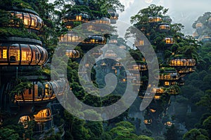 Futuristic, multi-level eco-structures blending into lush forest like treehouses, AI-generated.