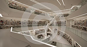 Futuristic Multi-Level Library with Minimalist White Architecture