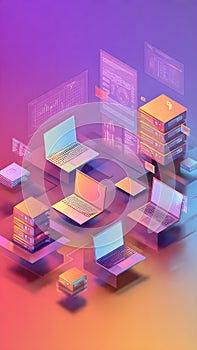 Futuristic Multi-Screen Data Analysis Concept with Isometric 3D Interface Elements