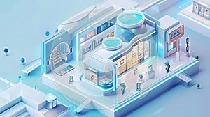 Futuristic multistore exhibition in isometric 3D  composition
