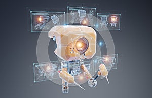 Futuristic nanorobot holographic projection on grey background 3D rendering