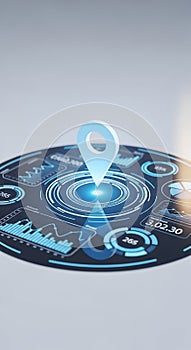Futuristic navigation interface with glowing blue location pin and data analytics