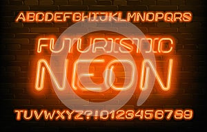 Futuristic Neon alphabet font. Futuristic oblique neon letters and numbers. Brick wall background.