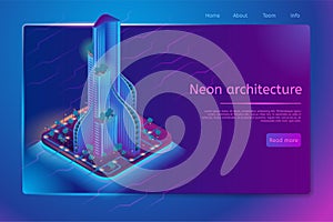 Futuristic neon architecture isometric web banner