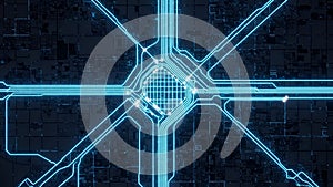 Futuristic Neon Blue Circuit Board Network With Central Processor, Abstract Digital Technology Concept