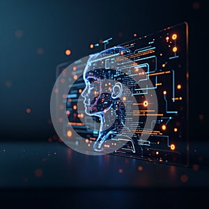 Futuristic neon-blue human head with circuits and glowing orange data nodes