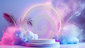 Futuristic neon circle with palm leaves and clouds in a surreal scene