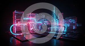 Futuristic neon cityscape data visualization