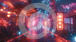 Futuristic Neon Cityscape with Luminous Trees and Lanterns