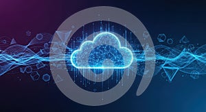 Futuristic neon cloud computing concept with digital data flow and abstract network connections
