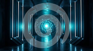 Futuristic neon corridor with glowing blue lights and reflective surfaces