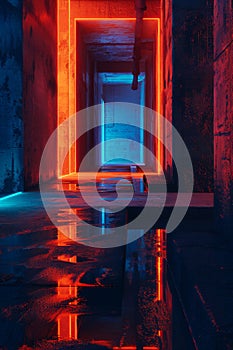 Futuristic Neon Corridor with Reflective Surfaces and Vibrant Red and Blue