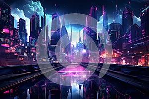 Futuristic Neon Cyberpunk Cityscape. Night City in Neon Lights