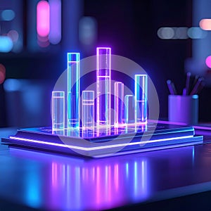 Futuristic Neon Data Visualization Graph on a Desk
