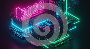 Futuristic neon 2026 digital design with glowing geometric structures
