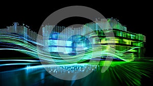 Futuristic neon digital wave architecture at night