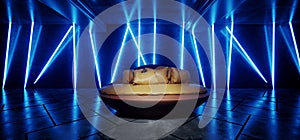 Futuristic Neon Fluorescent Tube Light Glowing Blue Vibrant Night Club With Comfortable Yellow Leather Realistic Sofa Disco Stage