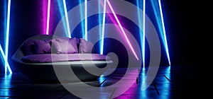 Futuristic Neon Fluorescent Tube Light Glowing Purple Blue Vibrant Night Club With Comfortable Purple Leather Realistic Sofa