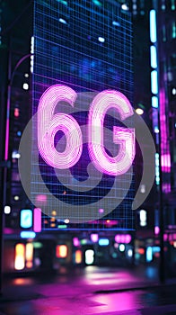 Futuristic neon 6g technology sign in a vibrant night cityscape photo