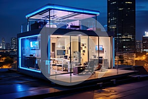 futuristic neon glowing Tiny Container capsule House in big city, featuring smart home automation.